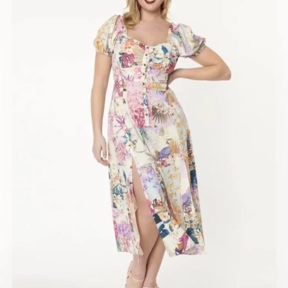 Unique Vintage Pastel Patchwork Print Midi Dress
